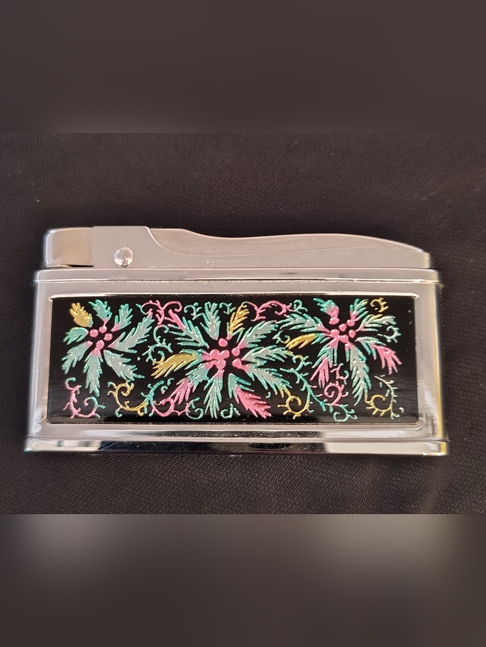 Vintage Silver Floral Enamel Cigarette Table Lighter